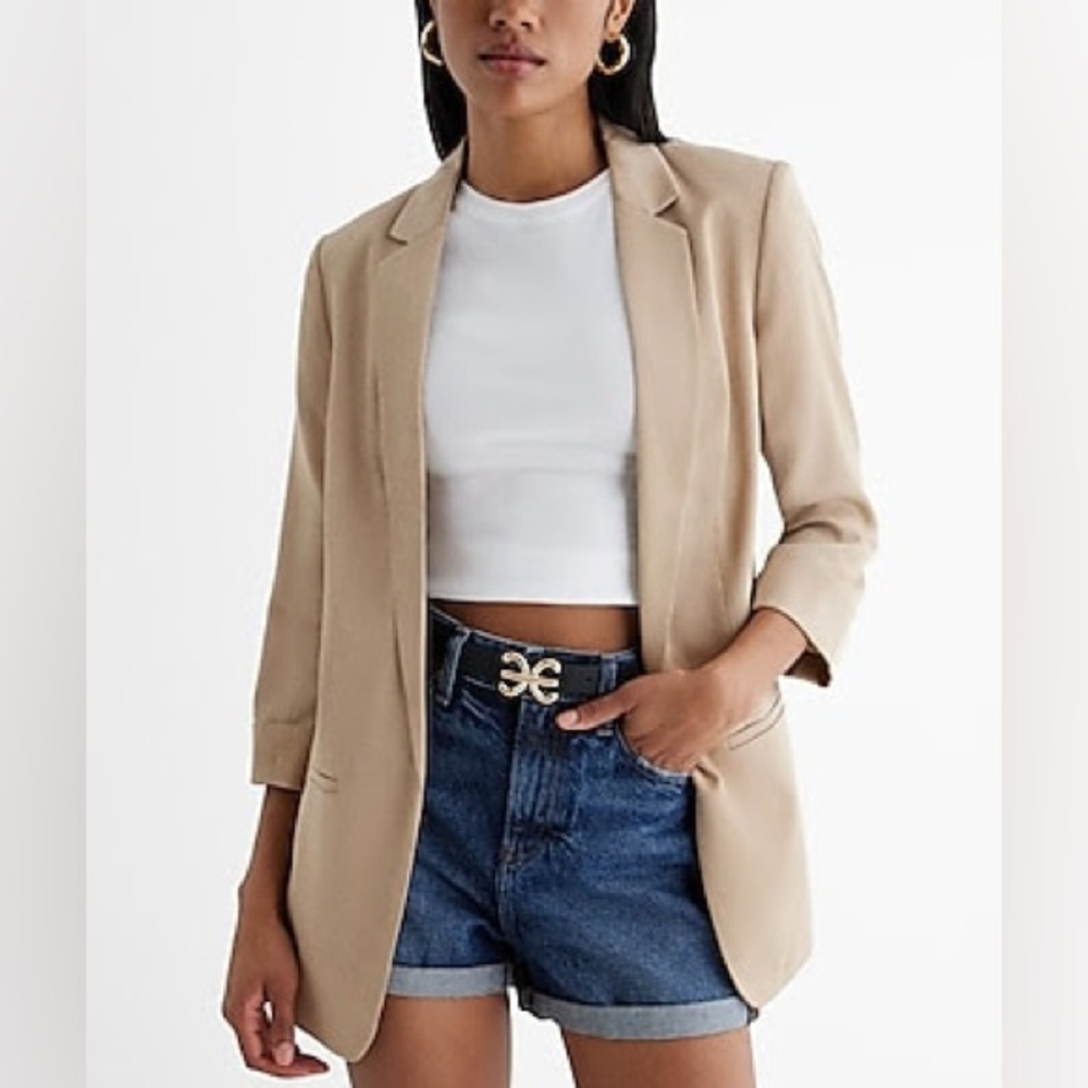 Express Open Front Cuffed Sleeve Boyfriend Blazer in Tan, size L.